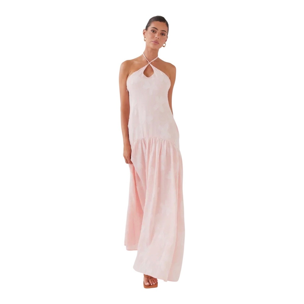 PepperMayo Pink Petal Blushed Cross Neckline Embroidered Maxi Dress 2 NEW